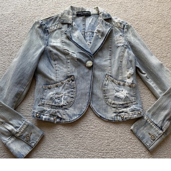 DOLCE & GABBANA Cropped Crop Distressed Studded Denim Jean Jacket Coat Light S - Picture 1 of 16